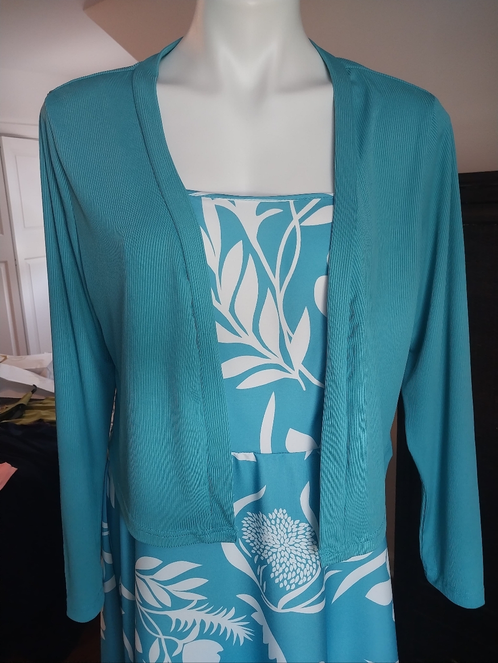Women’s Teal Floral Dress with Matching Cardigan